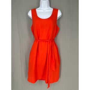 Loft Dress Womens 8 Orange Mini Linen Belted Pockets Summer Beachy Sleeveless